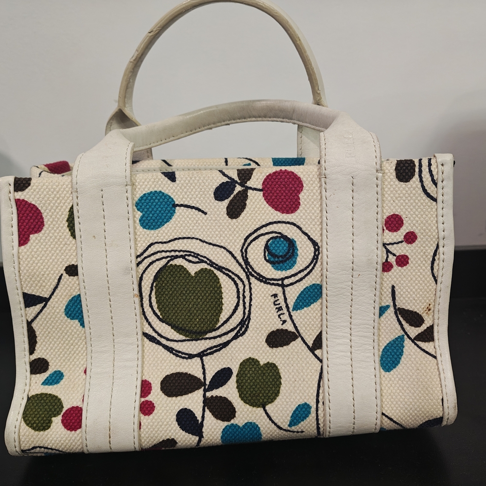 127 - FURLA Cream Canvas Mini Satchel with Teal, Olive, and Berry Floral Print - Picture 3 of 12